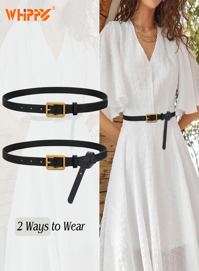 WHIPPY 2 Pack Women Skinny Leather Belts Ladies Thin Waist Belt for Jeans Pants Dresses Rectangle Retro Gold Buckle Black Belt, Black+Brown, XS - Image 3