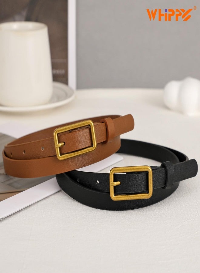 WHIPPY 2 Pack Women Skinny Leather Belts Ladies Thin Waist Belt for Jeans Pants Dresses Rectangle Retro Gold Buckle Black Belt, Black+Brown, XS - Image 2