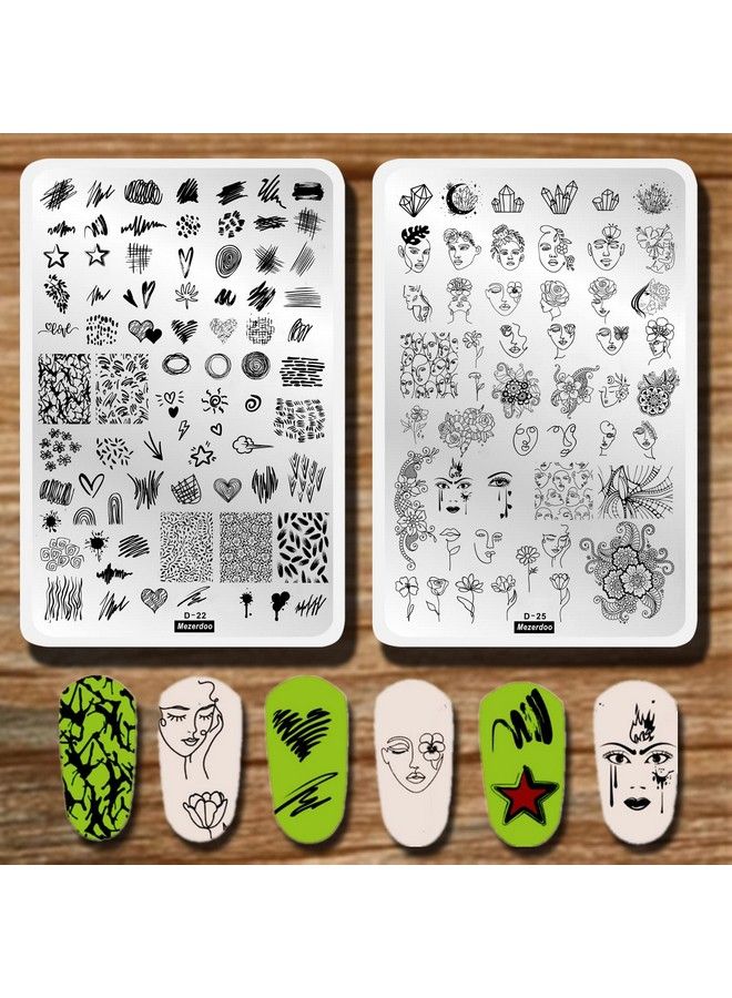 Mezerdoo 2Pcs Figure Woman Face Pattern Nail Stamping Plates Set Geometry Lace Flower Graffiti Striped Hot Design Nails Art Stamp Template Mold - Image 1