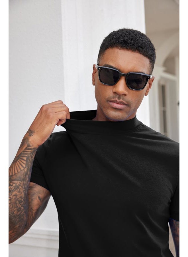 COOFANDY Mens Mock Turtleneck Shirts Casual Premium Cotton Short Sleeve Shirt 2025 Basic Half Neck T-Shirts, Black, M - Image 3