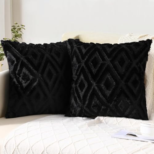 Pallene Soft Faux Fur Throw Pillow Covers 18x18 Set of 2  Plush Wool Decorative Couch Pillow Covers for Sofa Bed Living Room  with 3D Diamond Pattern  Black