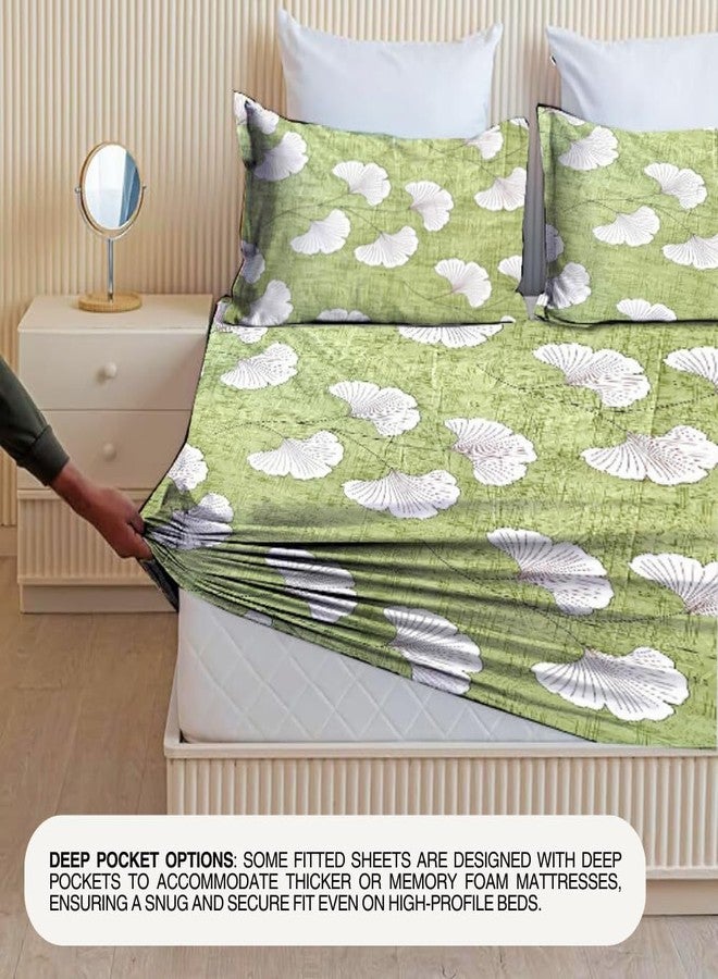 imsid Premium Cotton Elastic Fitted Bedsheets with 2 King Size Pillow Covers Double Bed with All Around Elastic Supersoft Size - 72 King Sizex78+10 inches (Green Flower) - Image 2