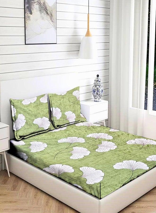 imsid Premium Cotton Elastic Fitted Bedsheets with 2 King Size Pillow Covers Double Bed with All Around Elastic Supersoft Size - 72 King Sizex78+10 inches (Green Flower) - Image 1