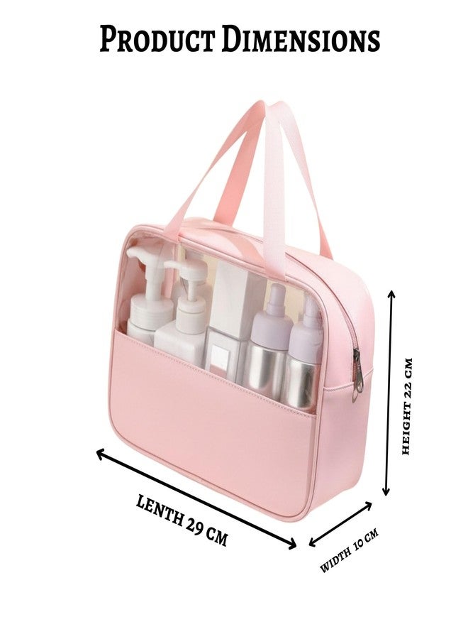 Gowloz Transparent Cosmetic Bag | Pack of 1 | PU Leather & Clear PVC with Durable Zipper | Stylish & Easy to Clean | Travel Toiletry & Makeup Organizer for Women & Men (Pink) - Image 4