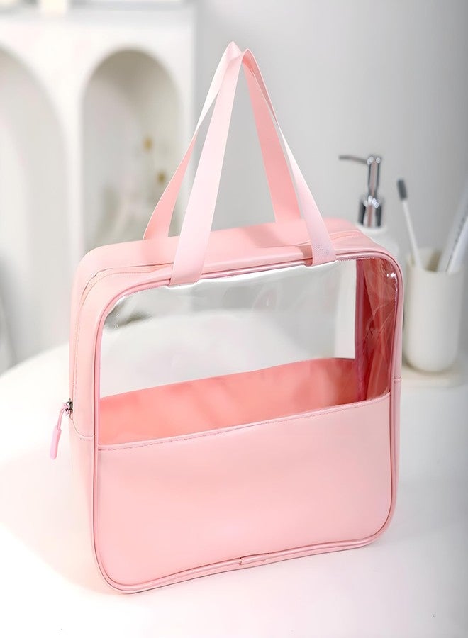 Gowloz Transparent Cosmetic Bag | Pack of 1 | PU Leather & Clear PVC with Durable Zipper | Stylish & Easy to Clean | Travel Toiletry & Makeup Organizer for Women & Men (Pink) - Image 2