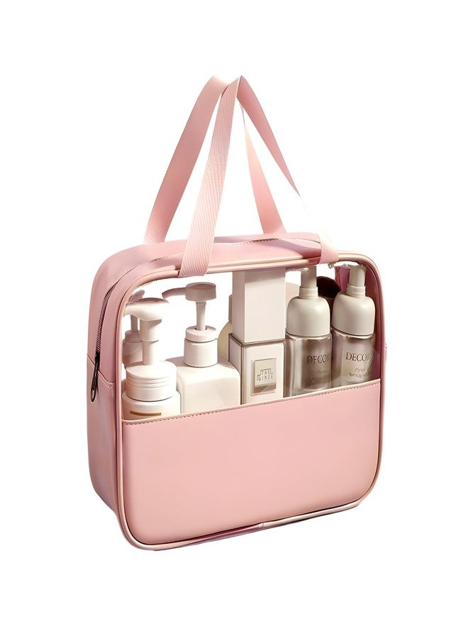 Gowloz Transparent Cosmetic Bag | Pack of 1 | PU Leather & Clear PVC with Durable Zipper | Stylish & Easy to Clean | Travel Toiletry & Makeup Organizer for Women & Men (Pink) - Image 1