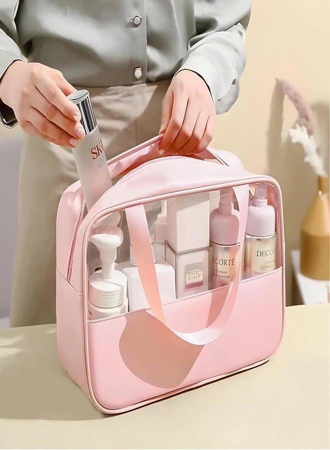 Gowloz Transparent Cosmetic Bag | Pack of 1 | PU Leather & Clear PVC with Durable Zipper | Stylish & Easy to Clean | Travel Toiletry & Makeup Organizer for Women & Men (Pink) - Image 5