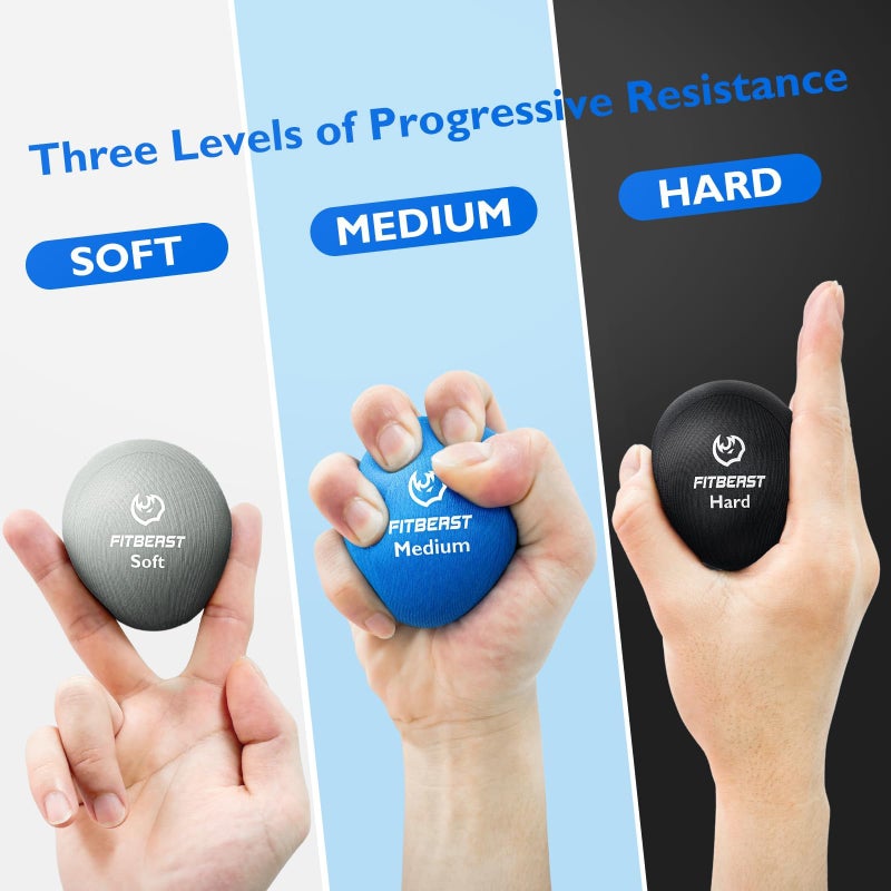 FitBeast Stress Balls for Adults, Squeeze Balls for Hand Therapy, 6-Pack Hand Therapy Balls, Tri-Density Hand Exercise Ball for Arthritis Relief, Physical Therapy (Gray, Sky, Black) - Image 2