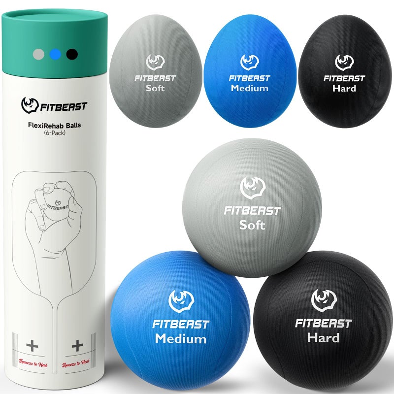 FitBeast Stress Balls for Adults, Squeeze Balls for Hand Therapy, 6-Pack Hand Therapy Balls, Tri-Density Hand Exercise Ball for Arthritis Relief, Physical Therapy (Gray, Sky, Black) - Image 1