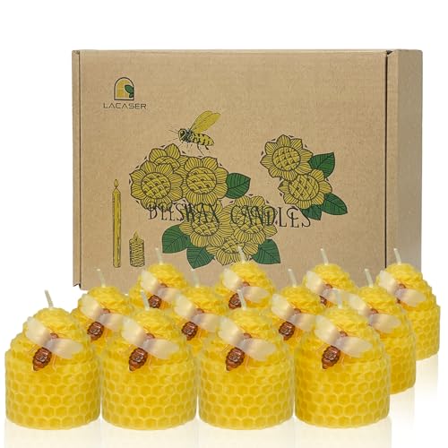 Lacaser Beeswax Candles Bulk Set of 12, Bee Candles with Little Bee Ornament Decors, Bee Themed Gift,Unscented&Smokeless &Dripless, Dia 1.77" x1.97" Each, Yellow - Image 1