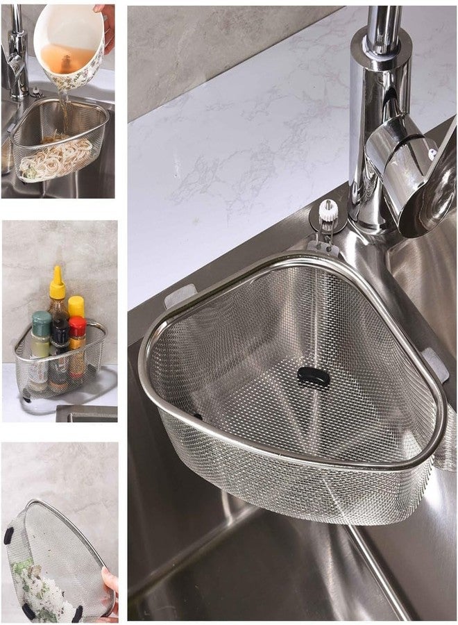 RECTITUDE Stainless Steel Utensil Stand Drainer for Kitchen Steel Sink Corner Strainer Kitchen Multifunctional Sink Corner Shelf Holder Food Strainer Triangle Drainer Basket Fruit Vegetable - Image 1