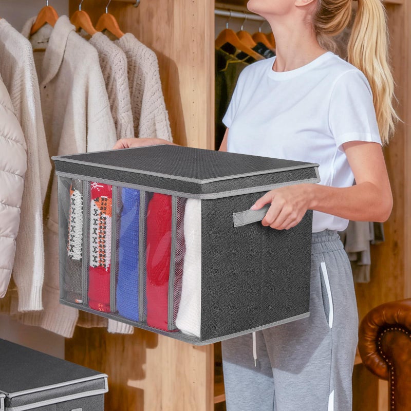 Zilink Upgraded Sweater Organizer for Shelf with Lids and Support Boards Clothes Organizer for Closet with 5 Grids Divider Sweater Storage Bins for Sweaters, Jeans, Pants, Black Pattern, 3 Pack - Image 4