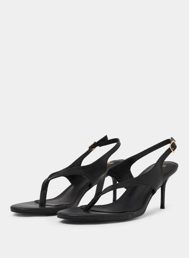 Styli Black Plain Thong Toe Stiletto Heel Sandals