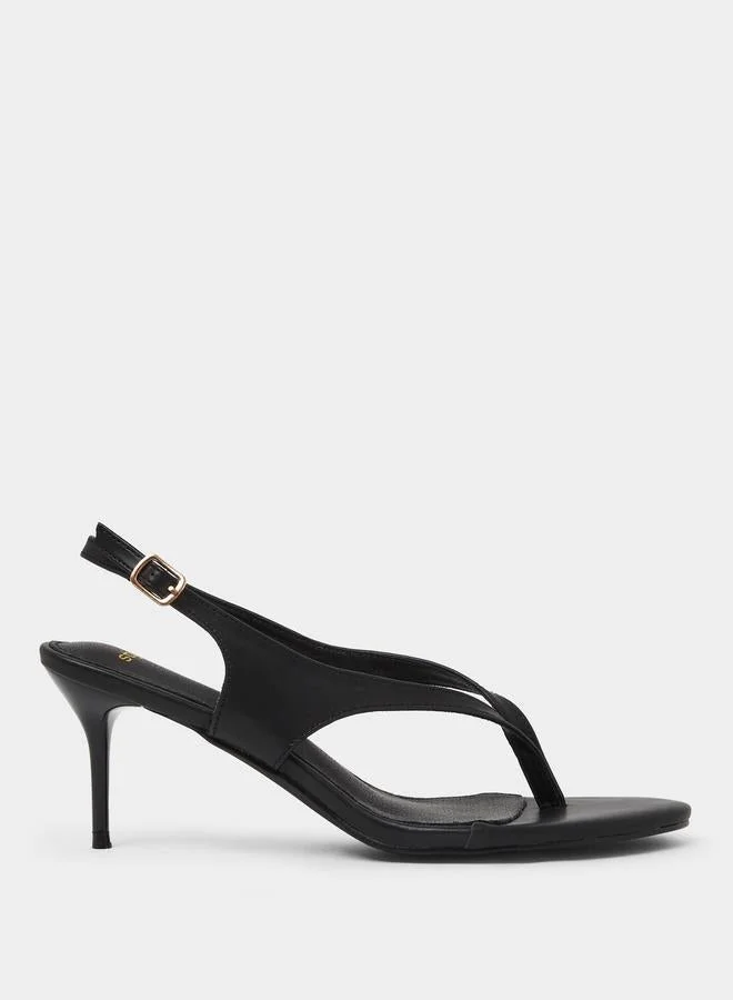 Black Plain Thong Toe Stiletto Heel Sandals