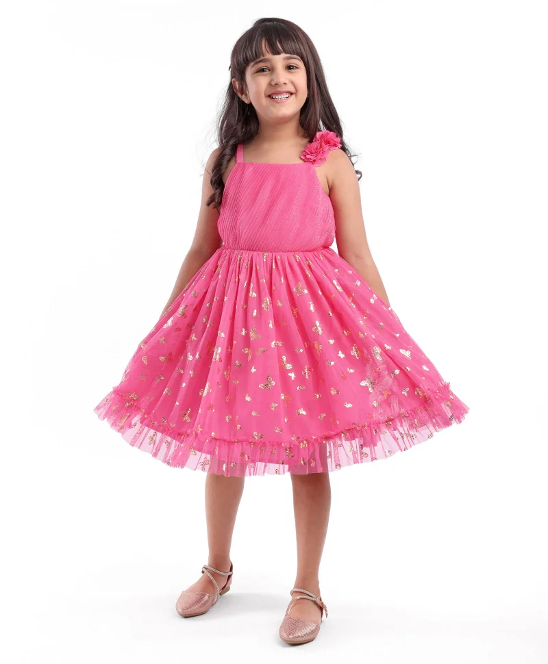 babyhug Babyhug Sleeveless Party Frock with Butterfly Foil Printed - Magenta