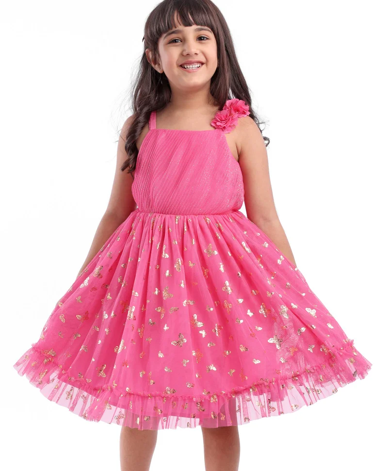 babyhug Babyhug Sleeveless Party Frock with Butterfly Foil Printed - Magenta