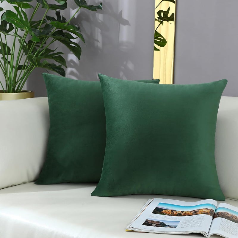 mixeoo Comfy Hunter Green Throw Pillow Covers Christmas Decorative Square Solid Thick Velvet Super Soft Cushion Cases Home Decor for Sofa Couch Living Room Chair, Set of 2, 18 x 18 Inch - Image 1
