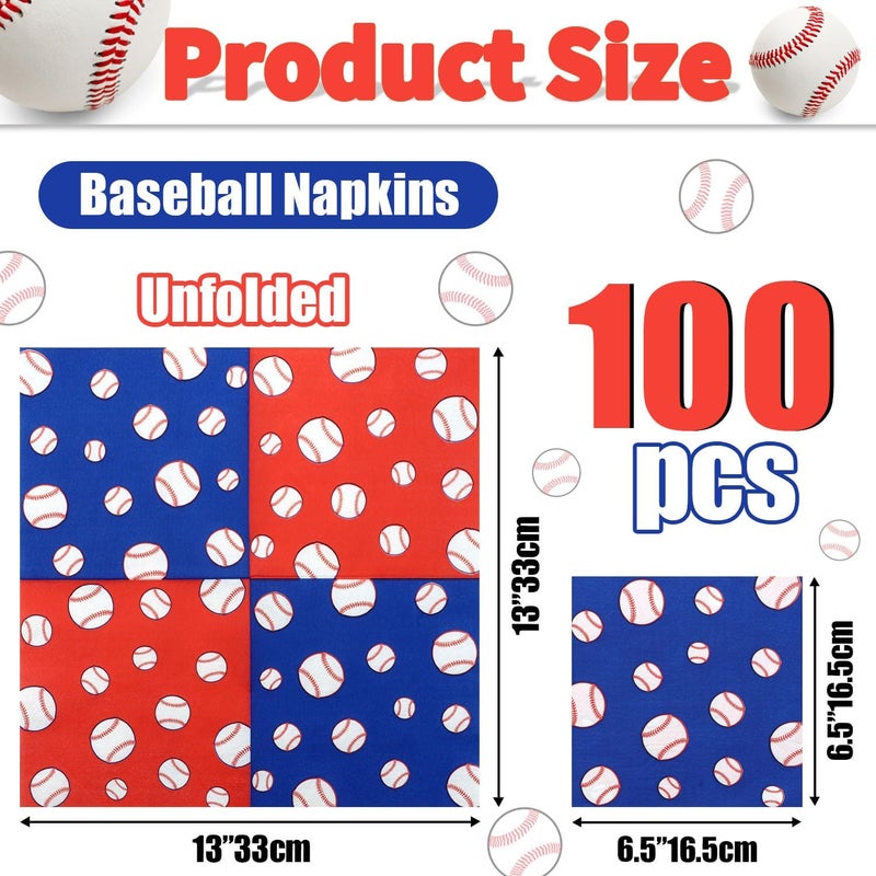 PTECDROTS 100Pcs Baseball Napkins, Disposable Baseball Paper Napkins, Picnic Napkins for Sports Fans Kid Adult Birthday Party Supplies, 13 x 13 Inches - Image 2