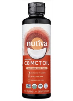 Nutiva Organic C8 MCT Oil, Ultimate Keto Fuel from Non-GMO Coconuts, 14g MCT 12 Fl Oz, USDA Organic, Whole 30, Vegan & Gluten-Free, Energy Boost to Coffee, Shakes and Salads  - Image 1