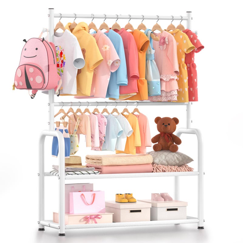 ZHKINGGS Kids Clothing Rack with 2Layer Storage Shelf and 2 Adjustable Hanging Rods Small Baby Closet Organizer for Hanging Clothes Kids Dress Up Rack for Child Classic White