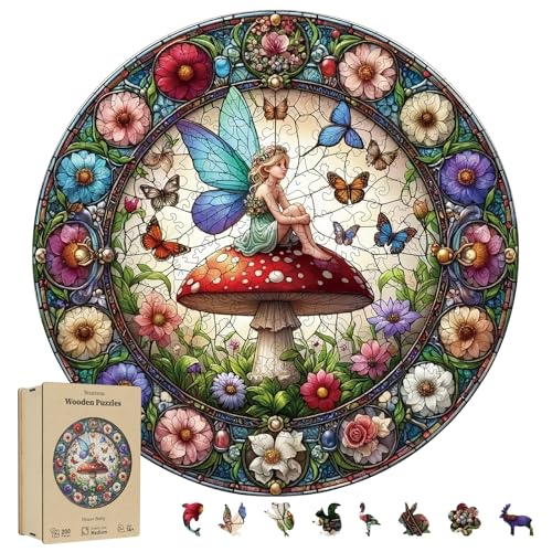 Yezavesu 200 Pieces Fairy Wooden Puzzles for Adults Mushroom Unique Shaped Wooden Jigsaw Puzzles for Adults Flowers Irregular Adult Wood Puzzle Creative Gift with Exquisite Wooden Box - Image 1