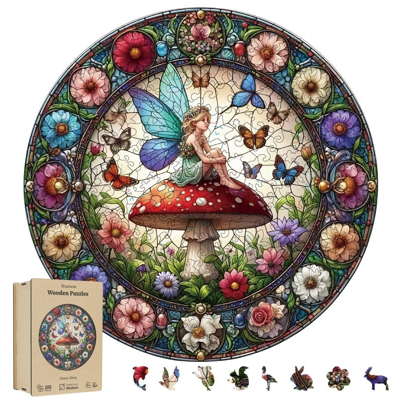 Yezavesu 200 Pieces Fairy Wooden Puzzles for Adults Mushroom Unique Shaped Wooden Jigsaw Puzzles for Adults Flowers Irregular Adult Wood Puzzle Creative Gift with Exquisite Wooden Box - Image 3