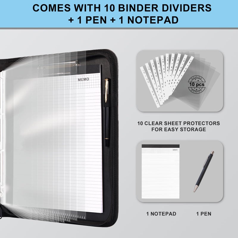 Eshow Portfolio Organizer - 3 Ring Binder with Zipper, Vegan Leather Business Padfolio Folder with Notepad Includes 10 Clear Sheet Protectors for Documents Files for Men Women - Image 4