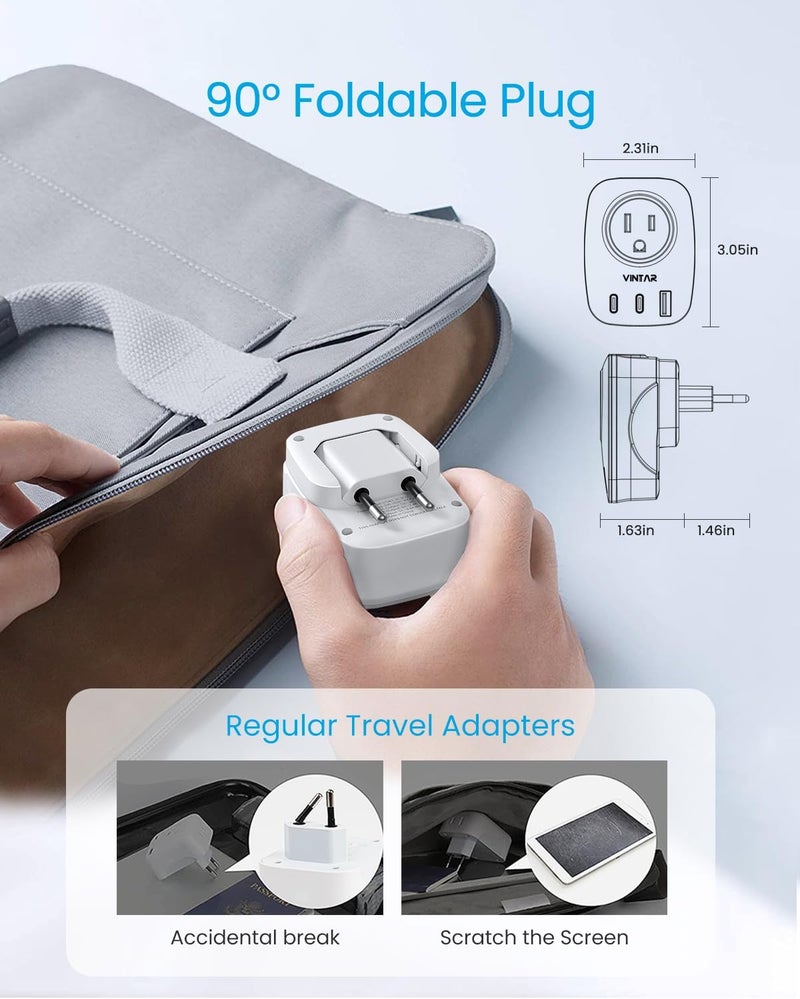 VINTAR 2 Pack European Travel Plug Adapter, Foldable International Power Plug with 2 AC Outlets 3 USB Ports(2 USB C), Type C Travel Essentials Charger for US to Most of Europe EU Italy Spain France - Image 2