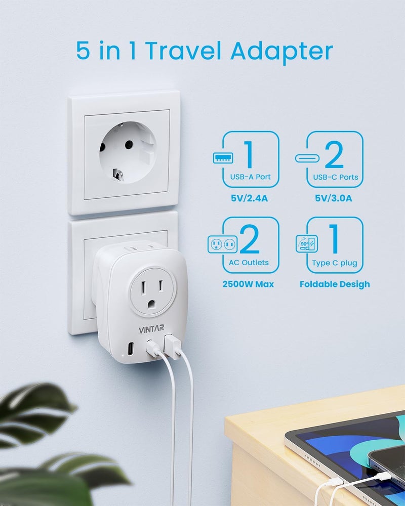 VINTAR 2 Pack European Travel Plug Adapter, Foldable International Power Plug with 2 AC Outlets 3 USB Ports(2 USB C), Type C Travel Essentials Charger for US to Most of Europe EU Italy Spain France - Image 5