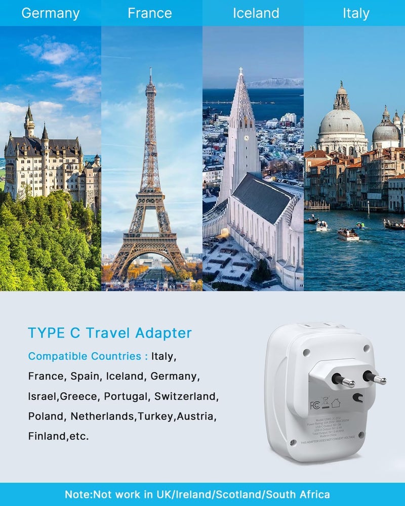 VINTAR 2 Pack European Travel Plug Adapter, Foldable International Power Plug with 2 AC Outlets 3 USB Ports(2 USB C), Type C Travel Essentials Charger for US to Most of Europe EU Italy Spain France - Image 3