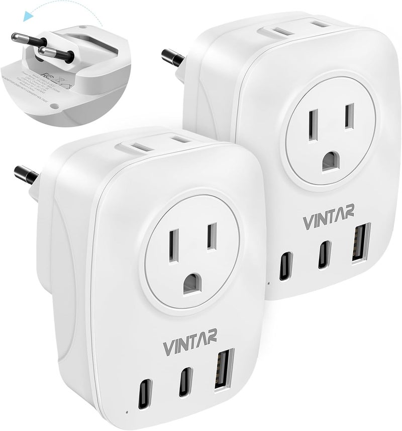 VINTAR 2 Pack European Travel Plug Adapter, Foldable International Power Plug with 2 AC Outlets 3 USB Ports(2 USB C), Type C Travel Essentials Charger for US to Most of Europe EU Italy Spain France - Image 1