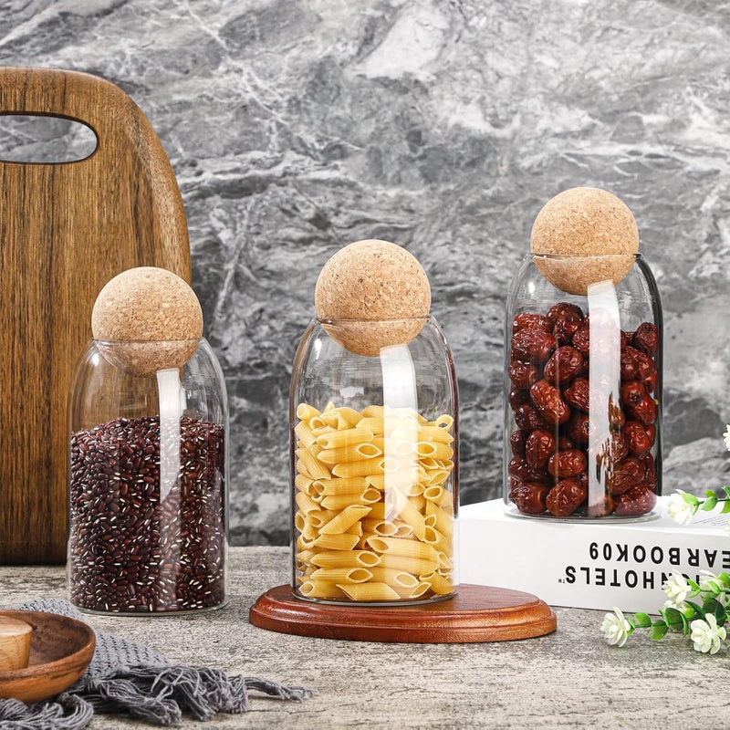 Cunhill 3 Pcs Glass Jar Storage Container with Ball Cork Decorative Round Organizer Bottle Sealed Canister Jar with Airtight Seal Wooden Lid for Food Coffee Bean Candy Biscuits Spice(800 ML/ 27 Oz) - Image 2