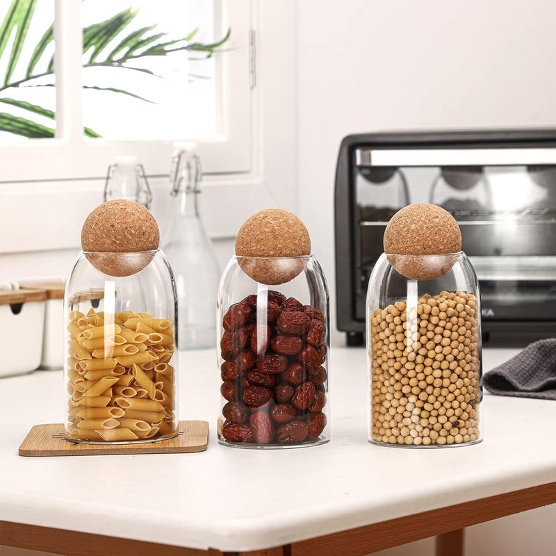 Cunhill 3 Pcs Glass Jar Storage Container with Ball Cork Decorative Round Organizer Bottle Sealed Canister Jar with Airtight Seal Wooden Lid for Food Coffee Bean Candy Biscuits Spice(800 ML/ 27 Oz) - Image 3