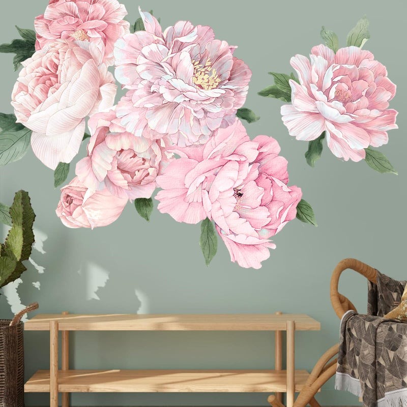 iinuu Large Pink Peony Wall Decals, Blush Flower Stickers for Girls Room & Kids Bedroom, Colorful Floral Vinyl Art for Nursery, Self-Adhesive Decor - Image 4