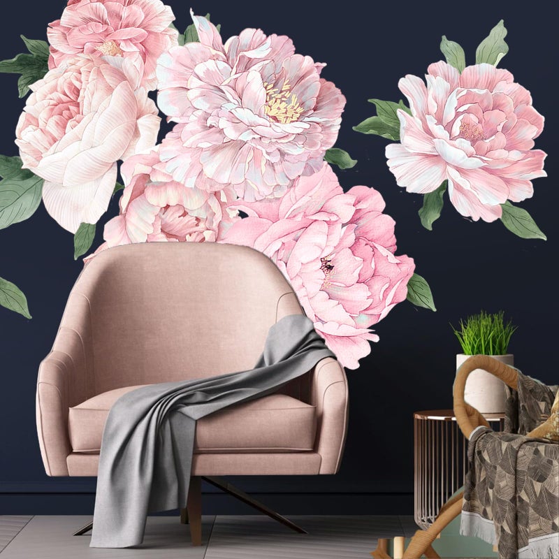 iinuu Large Pink Peony Wall Decals, Blush Flower Stickers for Girls Room & Kids Bedroom, Colorful Floral Vinyl Art for Nursery, Self-Adhesive Decor - Image 1