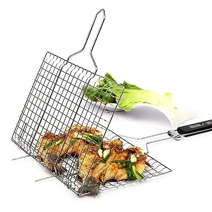 NOBILEA NOBILEA BBQ Grilling Basket Stainless Steel Grill Wire Net LongGrilling Basket with Wood Handle for FishVegetables SteakShrimp Chops and Many Other Food Silver  - Image 4