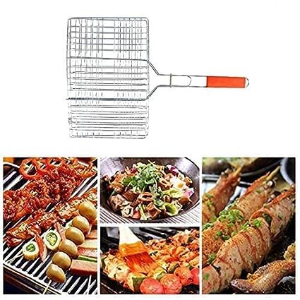 NOBILEA NOBILEA BBQ Grilling Basket Stainless Steel Grill Wire Net LongGrilling Basket with Wood Handle for FishVegetables SteakShrimp Chops and Many Other Food Silver  - Image 5