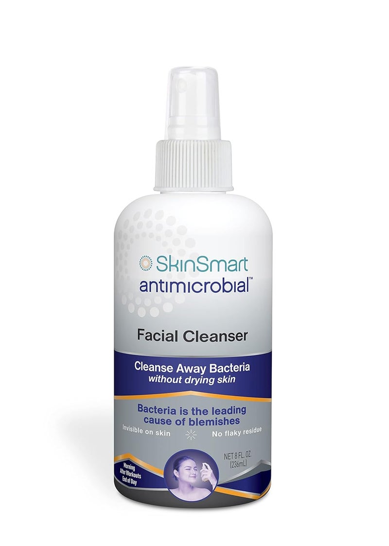 SkinSmart Antimicrobial SkinSmart Facial Cleanser for Acne, Targets Bacteria for Active Teenage Athletes Post Workout and Adult Acne, 8 oz Spray Bottle, Safe for Multiple Daily Uses 