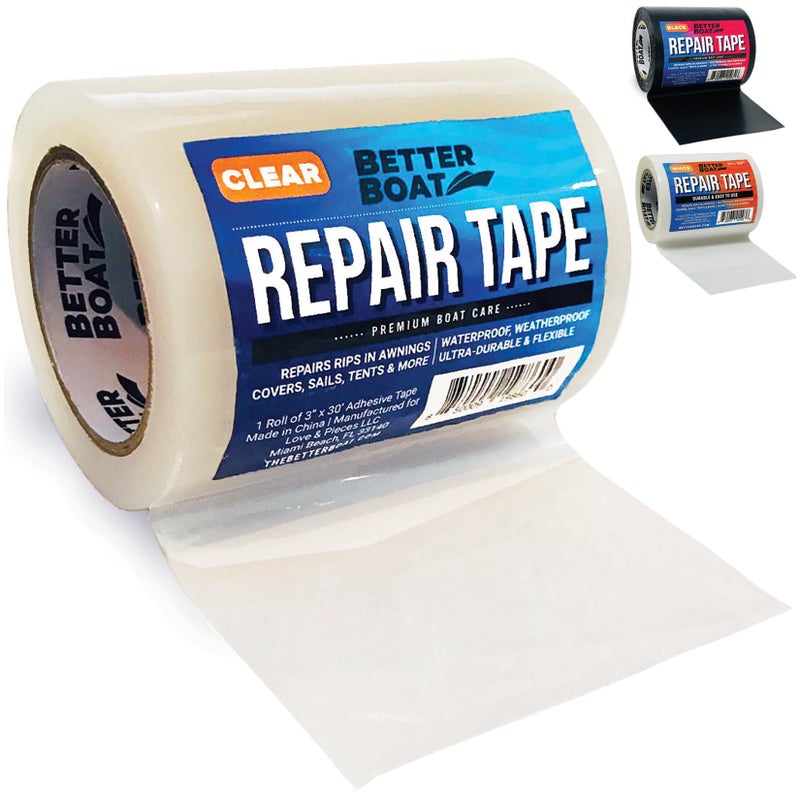 Better Boat Repair Tape for Fabric Boat Covers, Canvas Tents, Pop-Up Campers, RV Awnings, Tarps, Canopies, Bimini Tops, Sails, Air Mattress Patch Kit, 30ft x 3" Clear Heavy-Duty Waterproof Vinyl - Image 1