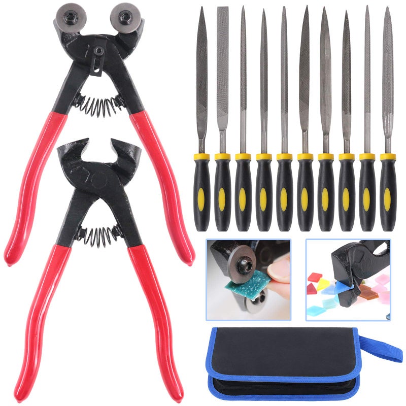 Glarks 12Pcs Mosaic Tools Set, Heavy Duty Wheeled Glass Mosaic Nippers and Tile Cutter Pliers with 10Pcs High Strength Needle File for Glass & Ceramic Cutting and Grinding - Image 1