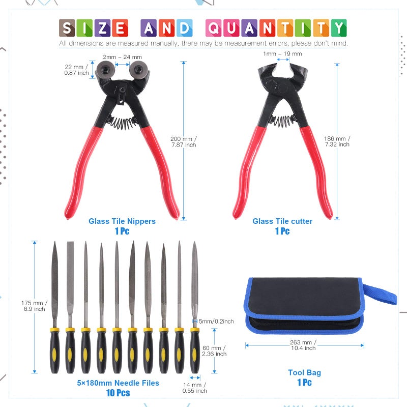 Glarks 12Pcs Mosaic Tools Set, Heavy Duty Wheeled Glass Mosaic Nippers and Tile Cutter Pliers with 10Pcs High Strength Needle File for Glass & Ceramic Cutting and Grinding - Image 2