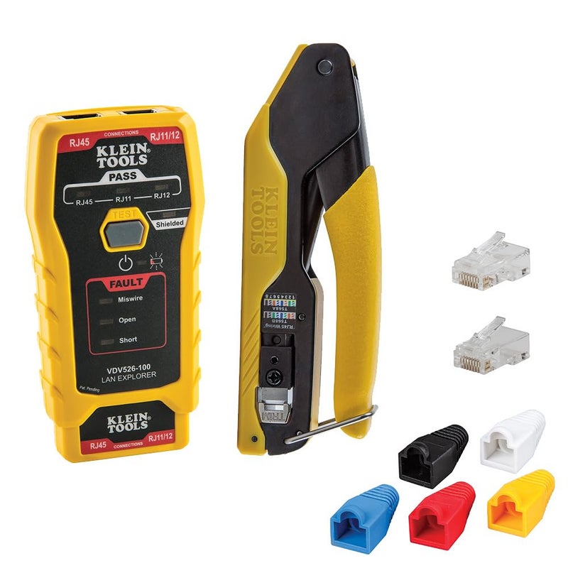 Klein Tools 80093 Cable Tester VDV LAN Kit with LAN Tester Pass Thru Crimper CAT6CAT5e Plugs and Strain Relief Boots 5Piece