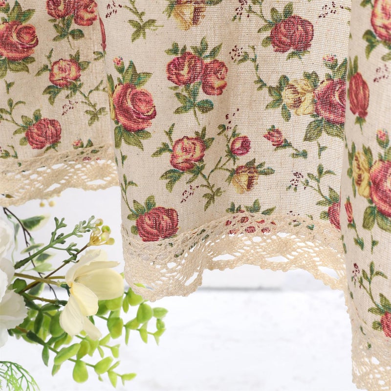 Moslovstar Farmhouse Cotton Linen Tier Curtain 36 Inch Long Elegant Floral Lace Window Treatment Kitchen Bathroom Short Curtain, 1 Panel, Blooming Roses on Beige - Image 1