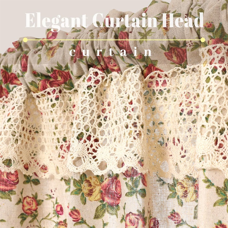 Moslovstar Farmhouse Cotton Linen Tier Curtain 36 Inch Long Elegant Floral Lace Window Treatment Kitchen Bathroom Short Curtain, 1 Panel, Blooming Roses on Beige - Image 3