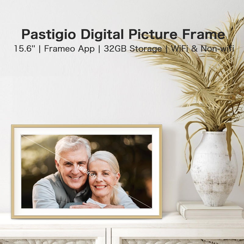 Pastigio إطار صور رقمي، إطار صور رقمي كبير بحجم 15.6 بوصة مع واي فاي، سعة 32 جيجابايت، شاشة لمس FHD IPS بدقة 1920 * 1080، عرض شرائح إطار إلكتروني، مثبت على الطاولة والجدار، هدايا للأم، النساء، ذهبي - Image 2