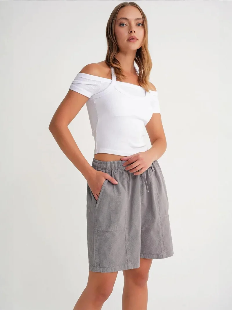 MixRay Slate Grey Mixray High Waist Cotton Drawstring Mini Shorts for Women | Best Price UAE