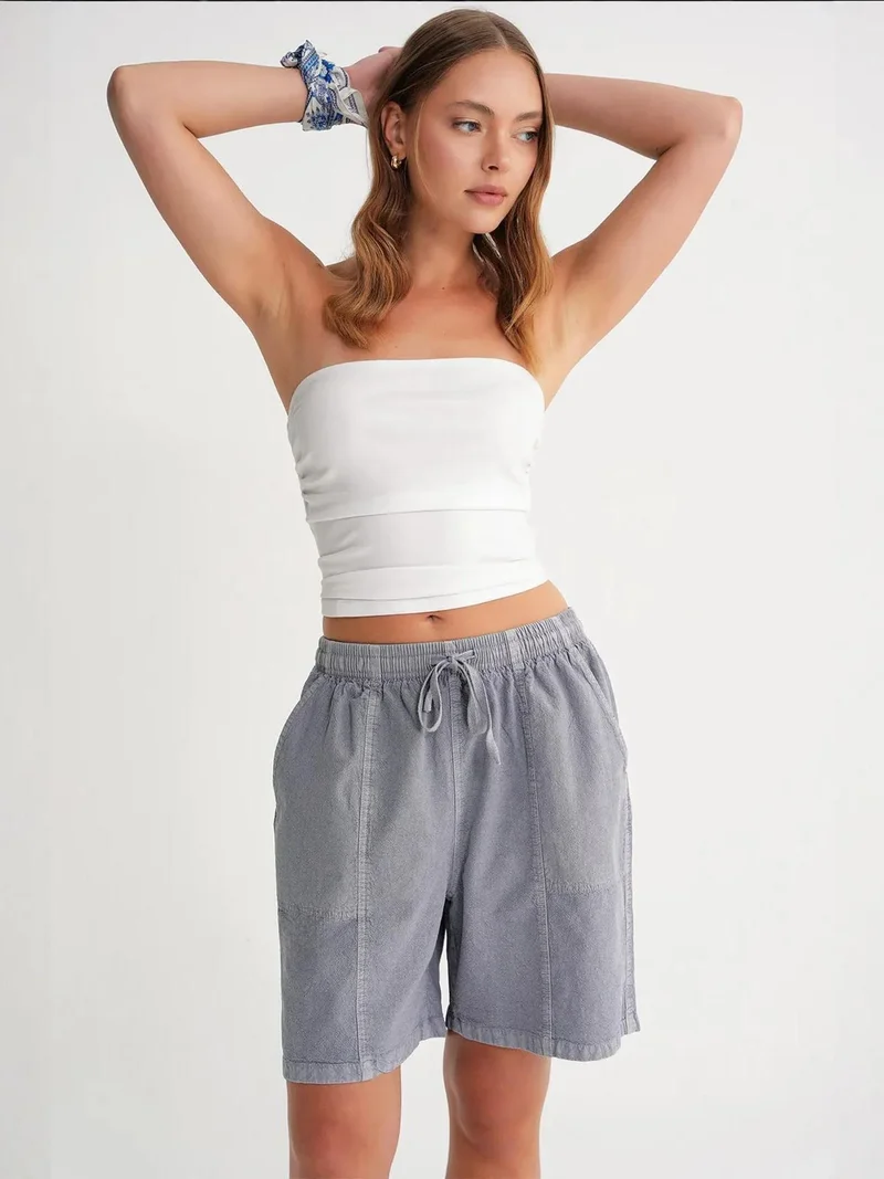 MixRay Slate Grey Mixray High Waist Cotton Drawstring Mini Shorts for Women | Best Price UAE