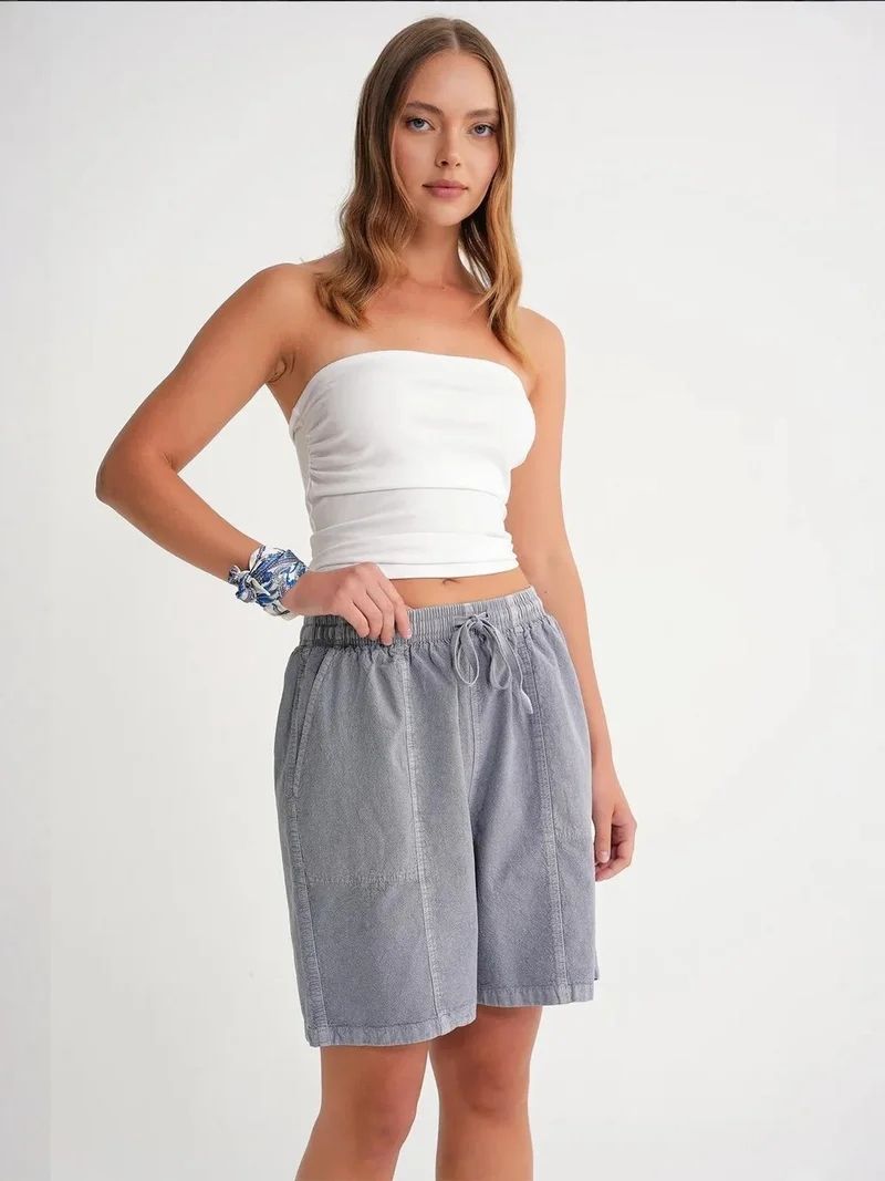 Mixray High Waist Cotton Drawstring Mini Shorts
