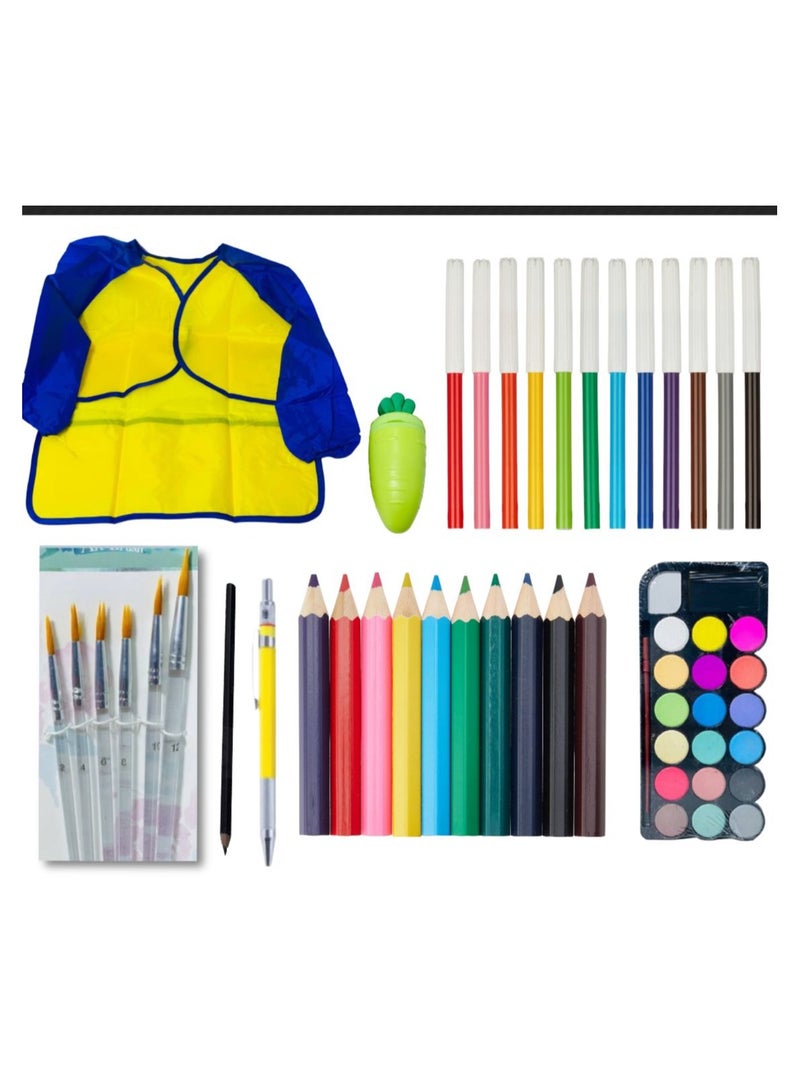 مجموعة ادوات الرسم والتلوين ( مريلة مقاس ميديام + الوان خشب 12 لون + الوان فلوماستر 12 لون + الوان مائية 16 لون + كفرش الوان مائية + قلم سنون باستيكة + قلون رصاص خشبي + استيكة وبراية علي شكل جزرة ) - Image 1