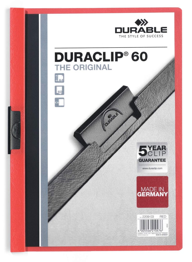 Durable Clip Folder 60 A4 | Secure sprung-steel clip with 5-year warranty, Holds 1–60 sheets, Transparent front & coloured back, No punching; File folder for A4 documents - Image 1